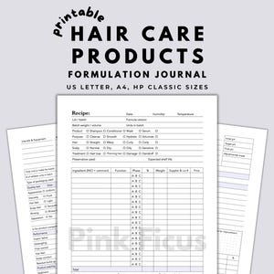 Könnte beinhalten: Ein druckbares Formulierungsjournal für Haarpflegeprodukte in den Größen US Letter, A4 und HP Classic. Das Dokument enthält eine Rezeptseite mit Feldern für Chargendetails, Inhaltsstoffe, Phasen, Prozentsätze, Gewichte und Lieferantenangaben.