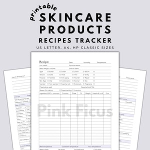 Planificador imprimible de recetas de productos para el cuidado de la piel para profesionales y aficionados para controlar métodos, ingredientes, costes, alérgenos y más.