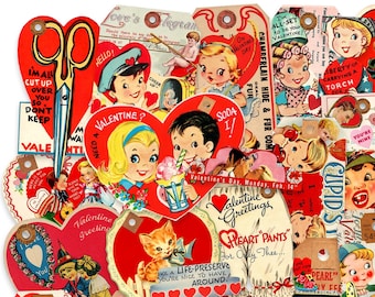 Vintage Valentines Tags And Tabs Assortment Paper Cuts, Printed Valentines Ephemera Gift Tags Decorations Scrapbooking Stickers Reproduction