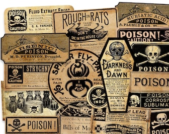 Antique Black Poison & Crossbones Bottle Labels Ephemera 20 Piece High Quality Laser Reproductions, Vintage Label Cut Outs Paper Die Cuts