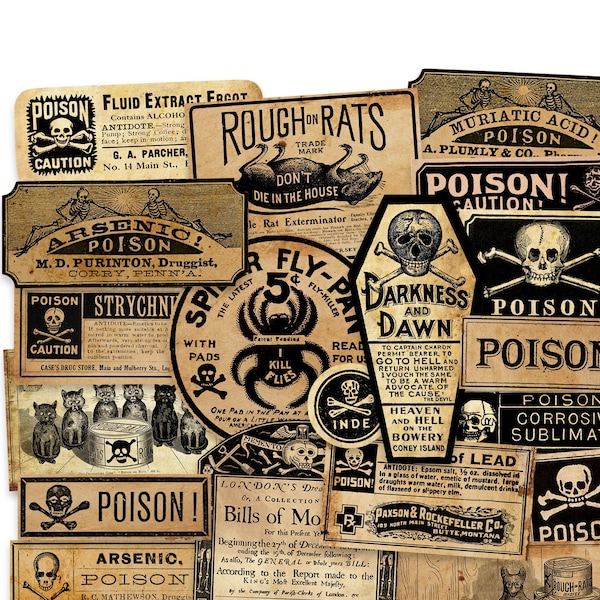 Antique Black Poison & Crossbones Bottle Labels Ephemera 20 Piece High Quality Laser Reproductions, Vintage Label Cut Outs Paper Die Cuts