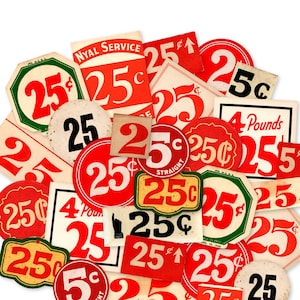 Etiquetas e etiquetas de preço de supermercado vintage de 25 centavos, recortes de papel, adesivos de Natal impressos, variedade de 20 peças, reproduções a laser de alta qualidade