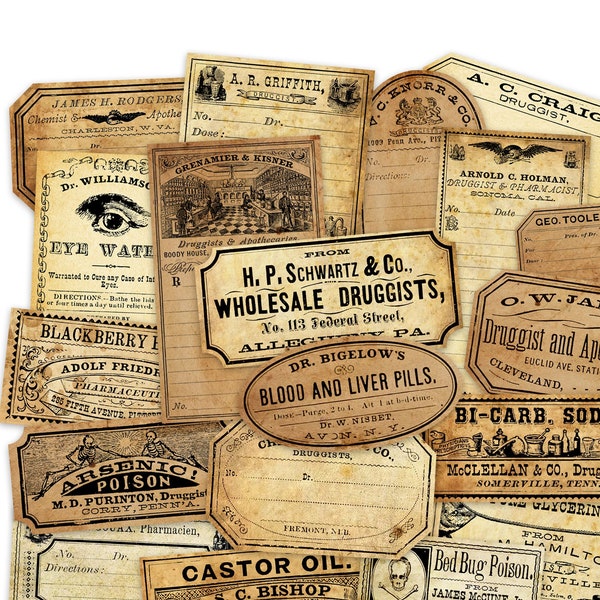 Antique Apothecary Druggist Labels, Aged Medicine Bottle Label Stickers, Vintage Distressed Label Stickers High-Quality Laser Reproductions