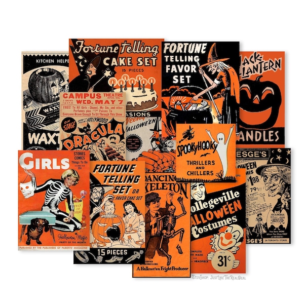 Immagini di Halloween vintage, assortimento di 12 pezzi. Le dimensioni dei tagli variano da 2" a 3". Riproduzioni laser di alta qualità.