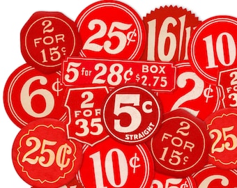 Etichette per prezzi vintage rosse, sigilli di carta fustellati, 20 pezzi, riproduzioni laser di alta qualità, adesivi vintage per etichette di prezzo in centesimi, materiale effimero