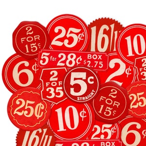 Etiquetas de preço vermelhas vintage, selos de papel, cortes de matriz, 20 peças, reproduções a laser de alta qualidade, adesivos de etiqueta de preço de centavos vintage, itens efêmeros