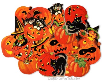 May include: A collection of vintage Halloween cutouts featuring orange pumpkins, black cats, and witches. The cutouts are made of paper and have a retro look.