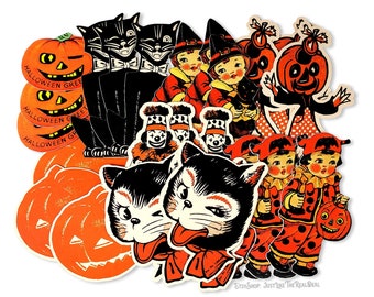 Reproducciones troqueladas vintage de Halloween de alta calidad. El tamaño de los recortes varía de 1,5" a 3,25" de alto.