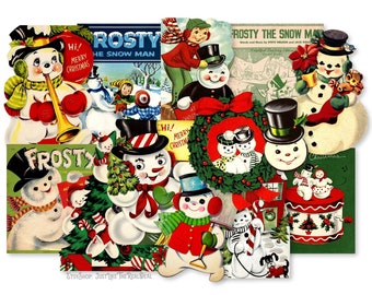 May include: A collection of vintage Christmas images featuring Frosty the Snowman. The images are colorful and feature various scenes of Frosty, including him building a snowman, playing the trumpet, and wearing a hat and scarf. The images are perfect for scrapbooking, card making, or other craft projects.