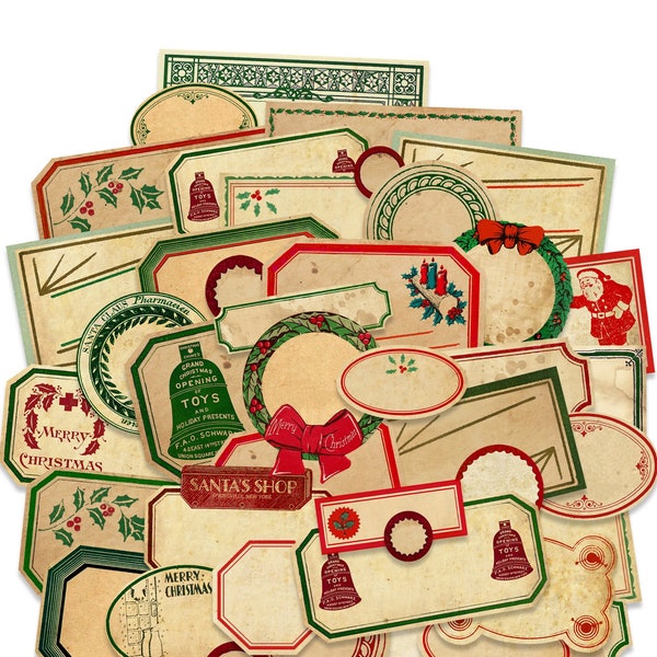 Vintage Christmas Blank Labels, Antique Red And Green Frame Aged Blank Labels, Distressed Label Stickers Laser Reproductions 0.75" - 2.75"