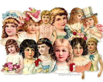 May include: A collage of vintage illustrations featuring young girls with various hairstyles and clothing. The girls are wearing dresses, hats, and bows in a variety of colors, including pink, blue, white, and yellow. The illustrations are in a whimsical style and would be perfect for scrapbooking or other craft projects.