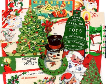 Assortimento di 17 etichette regalo natalizie vintage, riproduzioni laser di alta qualità, etichette per confezioni regalo natalizie, etichette natalizie