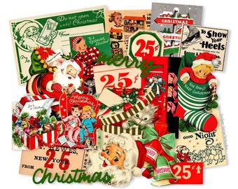 May include: A vintage Christmas collage featuring images of Santa Claus, a cat, a stocking, and a Christmas tree. The collage includes the text "Merry Christmas" and "25 cents".