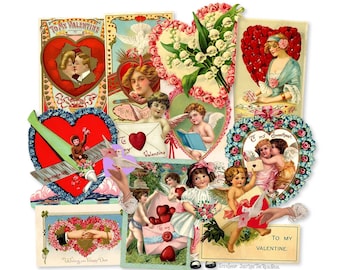 Shabby Chic Valentine's Day Paper Die Cuts 2.75"-1", Printed Vintage Valentines Paper Decorations High-Quality Laser Reproductions