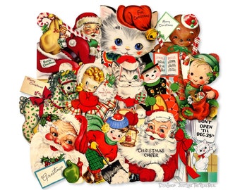 May include: A vintage Christmas card featuring a collection of festive images, including Santa Claus, a snowman, a cat, a gingerbread man, and a child. The card is decorated with red, green, and white colors and includes the text "Merry Christmas" and "Jingle Bells".