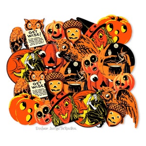 Vintage Pompoenen, Heksen & Uilen Halloween Die Cuts Hoogwaardige laserreproducties Grootte van de sneden varieert van 3" - 1,25"