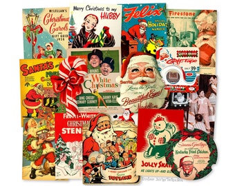 May include: A vintage Christmas collage featuring images of Santa Claus, a snowman, a Christmas tree, and various holiday greetings. The collage includes images of popular brands like Firestone, Maybelline, and Scotch Tape.