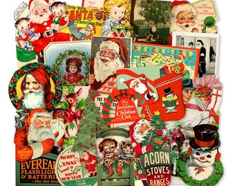 May include: A collage of vintage Christmas ephemera featuring Santa Claus, children, and festive decorations. The collection includes postcards, illustrations, and advertisements with text like "Merry Christmas" and "Santa Claus". The color palette is dominated by red, green, and white.