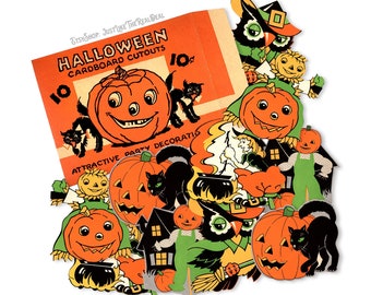 May include: A set of vintage Halloween cardboard cutouts featuring various characters, including a witch, a cat, a ghost, and pumpkins. The cutouts are printed in orange, black, and white and are labeled "Halloween Cardboard Cutouts" and "Attractive Party Decorations".