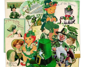 Vintage Leprechaun St. Patrick's Day Paper Die Cuts, Printed Vintage Green Clover Cut Out Decorations High-Quality Laser Reproductions N•1