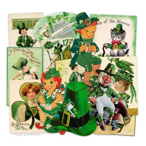 Papier découpé vintage Leprechaun pour la Saint-Patrick, décorations découpées vintage trèfle vert imprimées, reproductions laser de haute qualité N•1