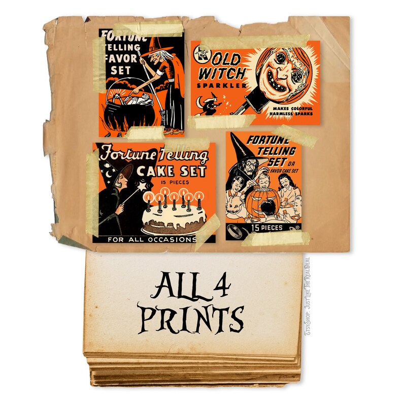 Puede incluir: Cuatro cajas de regalo vintage para fiestas de Halloween con dise&ntilde;os naranja y negro. Las cajas presentan im&aacute;genes de brujas, un pastel y una calabaza. El texto en las cajas dice "Fortune Telling Favor Set", "Old Witch Sparkler", "Fortune Telling Cake Set" y "Fortune Telling Set or Favor Cake Set".