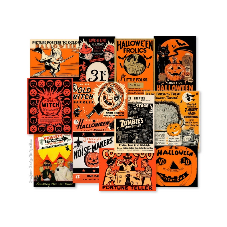 K&ouml;nnte beinhalten: Eine Sammlung von Vintage-Halloween-Postern und -Anzeigen. Die Poster zeigen Bilder von Hexen, K&uuml;rbissen und anderen Halloween-Motiven. Der Text auf den Postern enth&auml;lt S&auml;tze wie "Old Witch Parkler", "Halloween Frolics" und "Long Live Halloween".