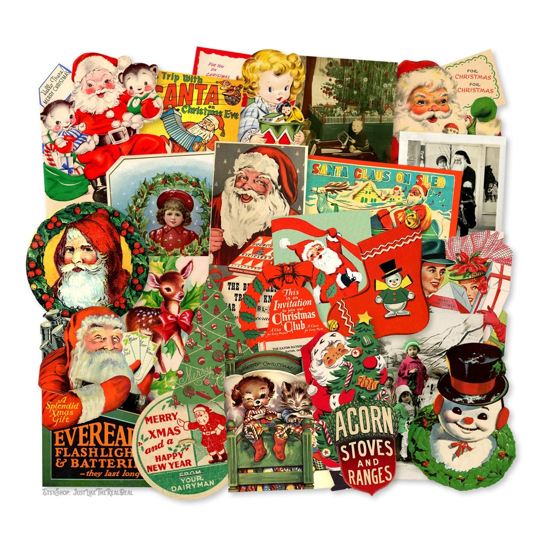 Vintage Christmas Paper Ephemera Die Cuts, Printed Vintage Christmas