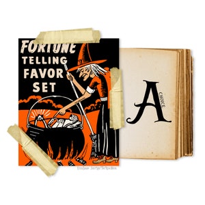 Puede incluir: Una ilustraci&oacute;n vintage de una bruja revolviendo un caldero con una escoba. La ilustraci&oacute;n es en colores naranja, negro y blanco. El texto "FORTUNE TELLING FAVOR SET" est&aacute; en la parte superior de la imagen. La imagen est&aacute; sobre un fondo negro.