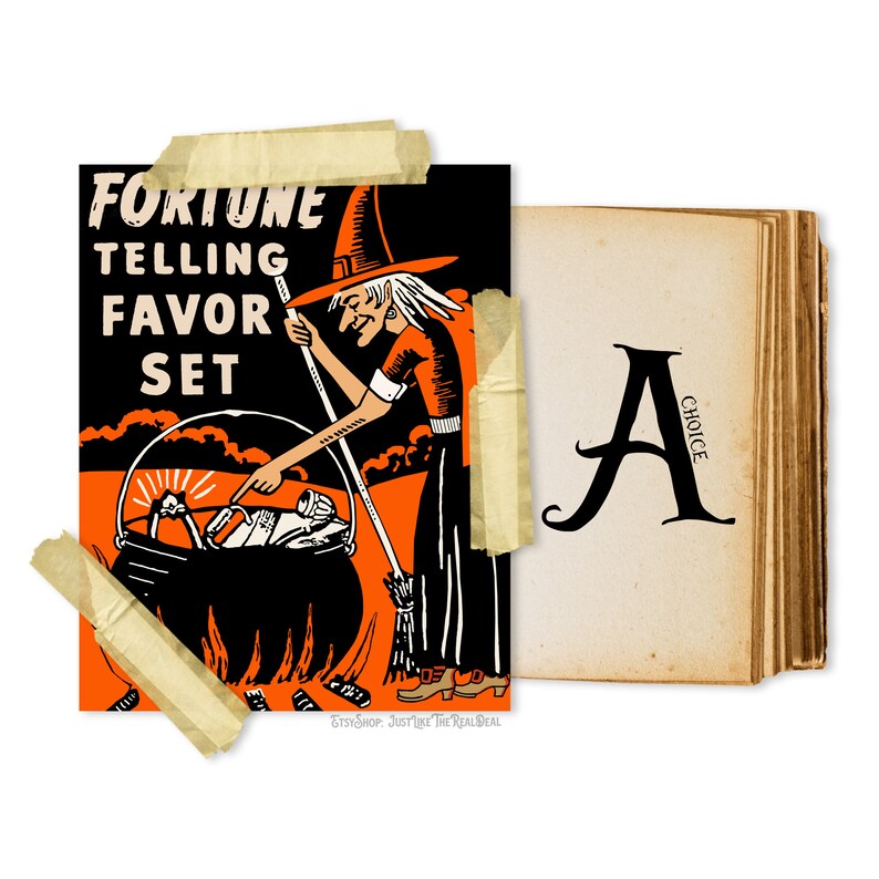 Puede incluir: Una ilustraci&oacute;n vintage de una bruja revolviendo un caldero con una escoba. La ilustraci&oacute;n es en colores naranja, negro y blanco. El texto "FORTUNE TELLING FAVOR SET" est&aacute; en la parte superior de la imagen. La imagen est&aacute; sobre un fondo negro.