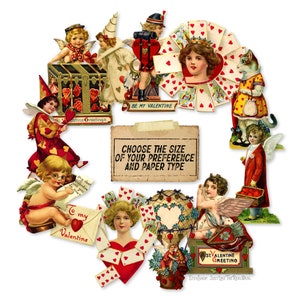 May include: A collection of vintage Valentine's Day images featuring cherubs, hearts, and a variety of romantic imagery. The images are arranged in a circle around a sign that reads "Choose the size of your preference and paper type".
