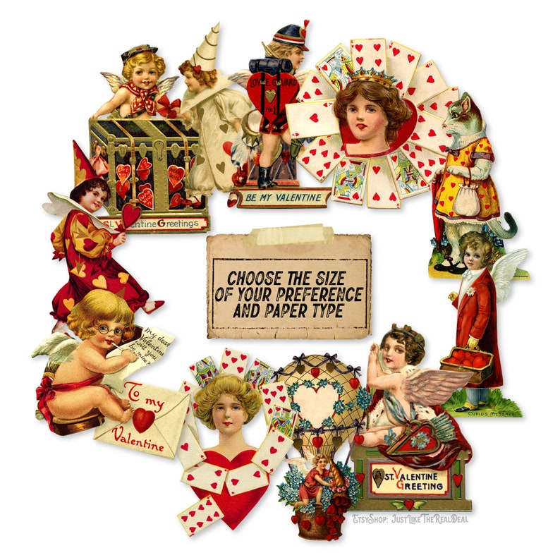 May include: A collection of vintage Valentine's Day images featuring cherubs, hearts, and a variety of romantic imagery. The images are arranged in a circle around a sign that reads "Choose the size of your preference and paper type".