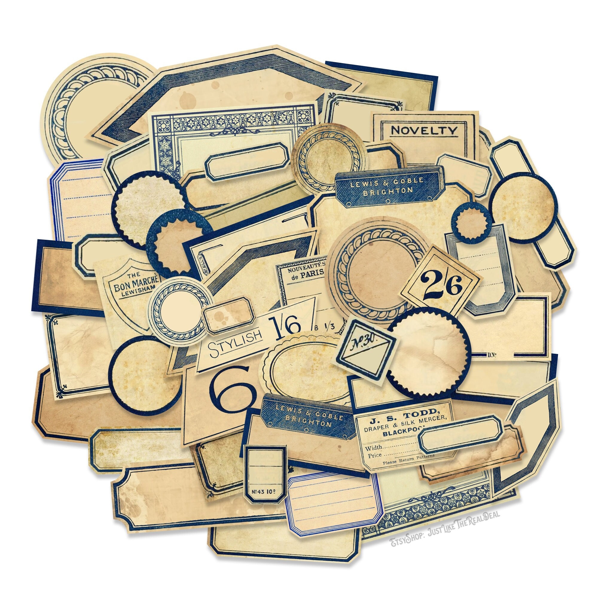 Antique Apothecary Blank Labels, French Blue Frame Aged Blank Labels, Vintage Distressed Label Stickers High-Quality Laser Reproductions