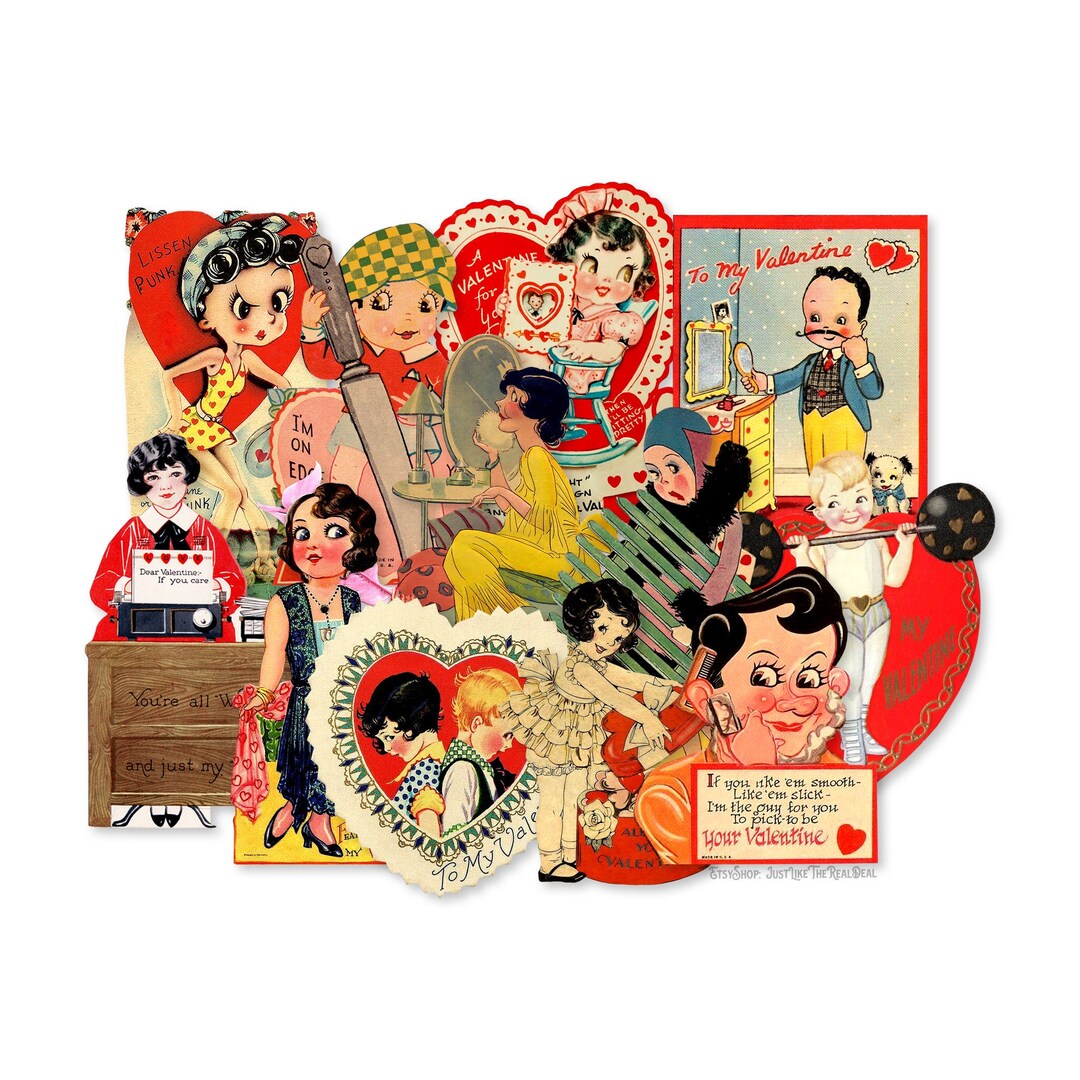 Vintage 1920s Valentines Day Paper Die Cuts, Printed Vintage Valentines