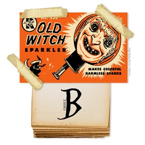 Puede incluir: Un petardo vintage de Halloween con una cara de bruja naranja y el texto "Old Witch Sparkler" sobre un fondo naranja. El texto "Makes Colorful Harmless Sparks" tambi&eacute;n est&aacute; en la etiqueta.