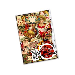 May include: A collage of vintage Valentine's Day images featuring hearts, cupids, and angels. The collage is framed with a black border and includes the text "Just Like The Real Deal".