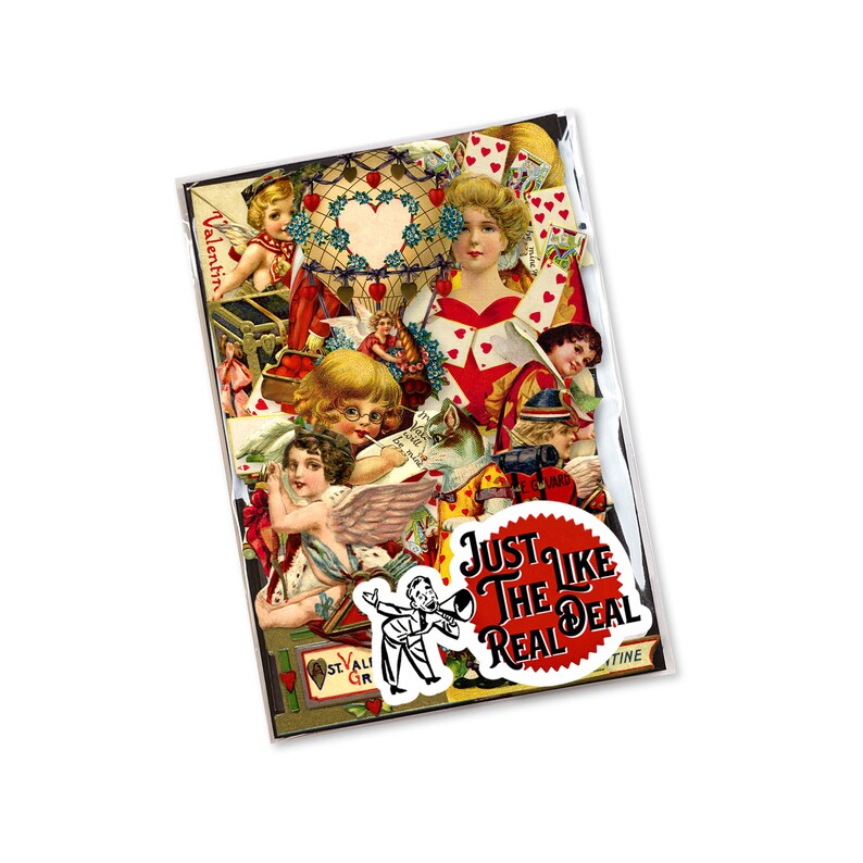 May include: A collage of vintage Valentine's Day images featuring hearts, cupids, and angels. The collage is framed with a black border and includes the text "Just Like The Real Deal".