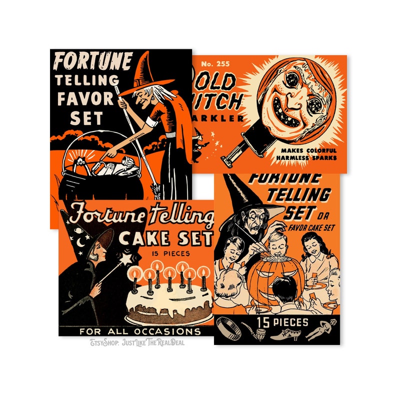 Puede incluir: Cuatro cajas de regalo vintage para fiestas de Halloween con im&aacute;genes de brujas y una calabaza. Las cajas son de color naranja y negro con texto blanco. El texto en las cajas dice "Fortune Telling Favor Set", "Old Witch Sparkler", "Fortune Telling Set" y "Fortune Telling Cake Set 15 Pieces".