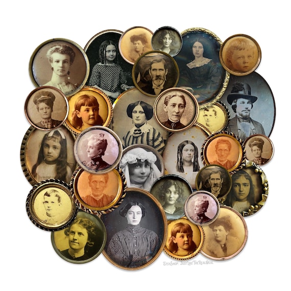 Antique Photo Brooch Pins Paper Cuts 20 High-Quality Laser Reproductions, Vintage Circular Round Photos Snapshots Scrapbooking Button Pins