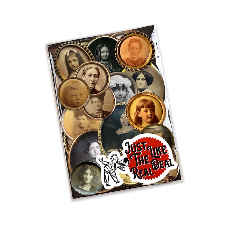 May include: A collection of vintage photographs of people, mostly women, in oval frames. The frames are gold-toned and have a distressed look. The photos are arranged in a random pattern and are surrounded by a white background. The text "Just Like The Real Deal" is printed on a red circle sticker.