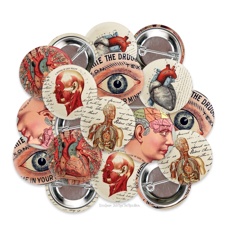 K&ouml;nnte beinhalten: Set mit 10 Vintage-Anatomie-Illustrationen mit Bildern des menschlichen Auges, Herzens, Gehirns und anderer Organe. Die Kn&ouml;pfe sind auf cremefarbenem Hintergrund mit schwarzem Text gedruckt und perfekt, um Ihrer Kleidung oder Ihrem Zubeh&ouml;r eine einzigartige Note zu verleihen.
