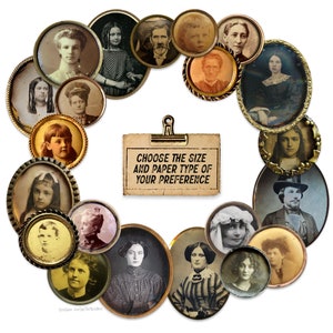 May include: A collection of vintage portrait photographs in ornate frames arranged in a circle. The frames are gold and have a decorative design. A sign in the center reads "Choose the size and paper type of your preference".