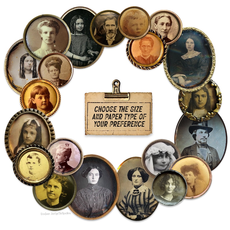 May include: A collection of vintage portrait photographs in ornate frames arranged in a circle. The frames are gold and have a decorative design. A sign in the center reads "Choose the size and paper type of your preference".