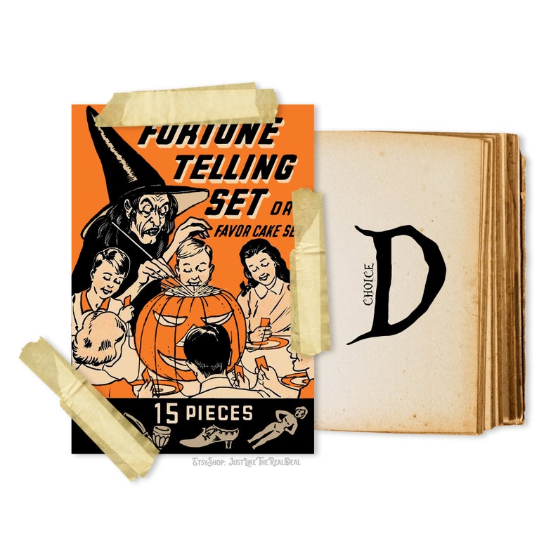 Puede incluir: Una ilustraci&oacute;n de estilo vintage de un juego de adivinaci&oacute;n con una bruja pintando una calabaza de Halloween. El juego incluye 15 piezas y est&aacute; etiquetado como "Fortune Telling Set".
