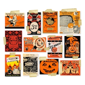 K&ouml;nnte beinhalten: Eine Sammlung von Vintage-Halloween-Druckkarten mit Illustrationen von Hexen, K&uuml;rbissen und anderen gruseligen Figuren. Die Karten haben einen Retro-Look und -Feel mit kr&auml;ftigen Farben und schlichten Designs. Der Text auf den Karten enth&auml;lt S&auml;tze wie "Old Witch Brewsome Stunts", "Halloween Frolics" und "Long Live Halloween".