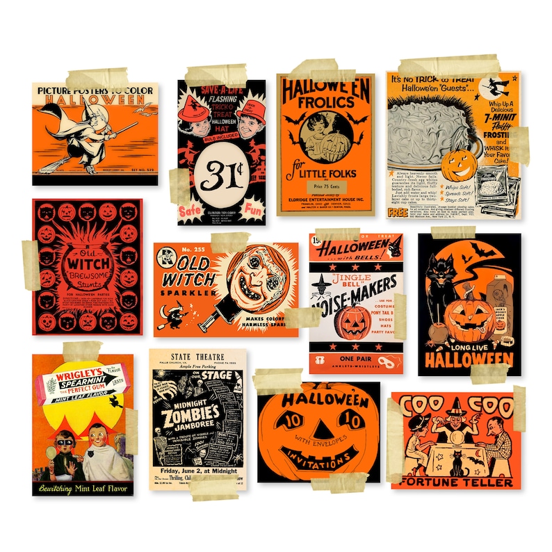 K&ouml;nnte beinhalten: Eine Sammlung von Vintage-Halloween-Druckkarten mit Illustrationen von Hexen, K&uuml;rbissen und anderen gruseligen Figuren. Die Karten haben einen Retro-Look und -Feel mit kr&auml;ftigen Farben und schlichten Designs. Der Text auf den Karten enth&auml;lt S&auml;tze wie "Old Witch Brewsome Stunts", "Halloween Frolics" und "Long Live Halloween".