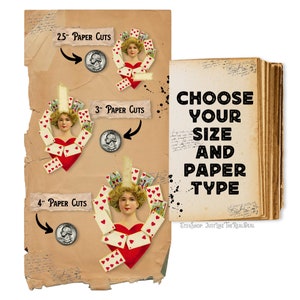 May include: A vintage image of a woman with a heart made of playing cards. The image is available in three sizes: 2.5 inches, 3 inches, and 4 inches. Choose your size and paper type.
