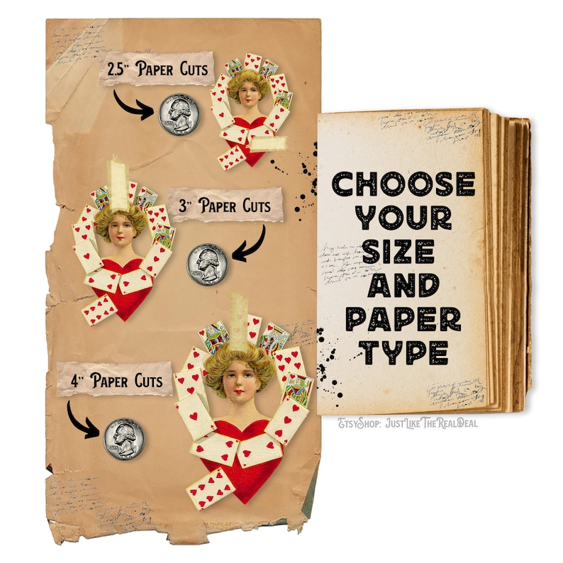 May include: A vintage image of a woman with a heart made of playing cards. The image is available in three sizes: 2.5 inches, 3 inches, and 4 inches. Choose your size and paper type.