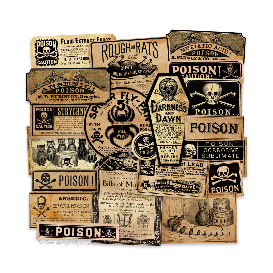 Antique Black Poison & Crossbones Bottle Labels Ephemera 20 Piece High ...