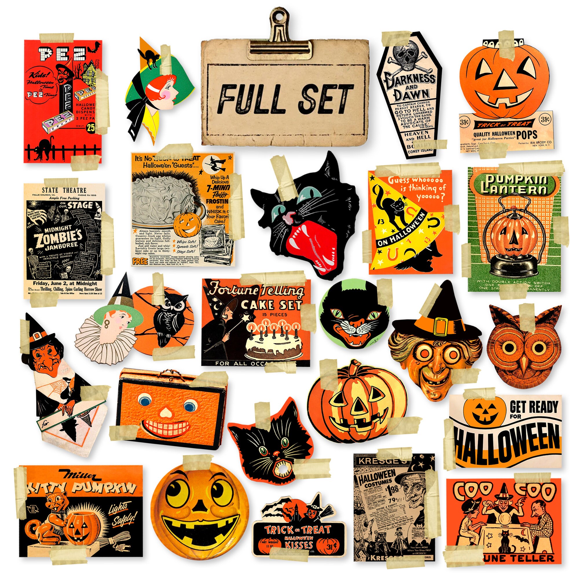Vintage Halloween Paper Ephemera Die Cuts, Printed Vintage Halloween